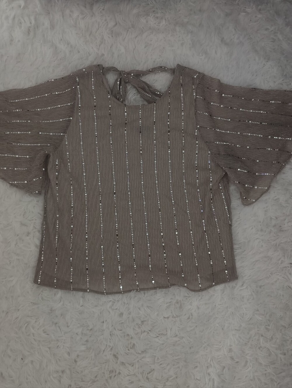 Sweet Rain Metallic-Striped Taupe Tie-Back Blouse
